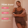 Eine Frau in einem braunen Slipdress hält das „Bali Body Mini Welcome Kit“ in der Hand; neben ihr sind drei Schritte zur Selbstbräunung abgebildet.
