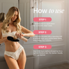 Eine Frau in Dessous trägt mit einem Handschuh die Selbstbräunungsmousse „Light to Medium“ von Bali Body auf. Drei rosa Kästchen zeigen die Schritt-für-Schritt-Anleitung.