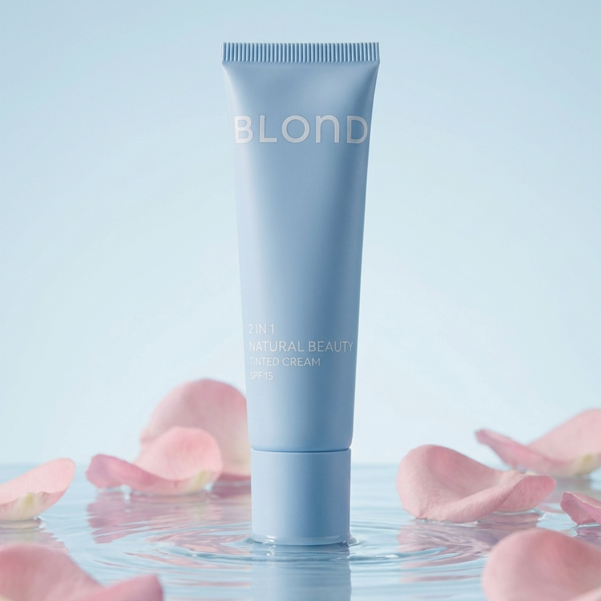 Eine blaue Tube „BLONDESISTER 2 IN 1 NATURAL BEAUTY TINTED CREAM SPF15“ steht auf dem Wasser, umgeben von rosa Rosenblättern.