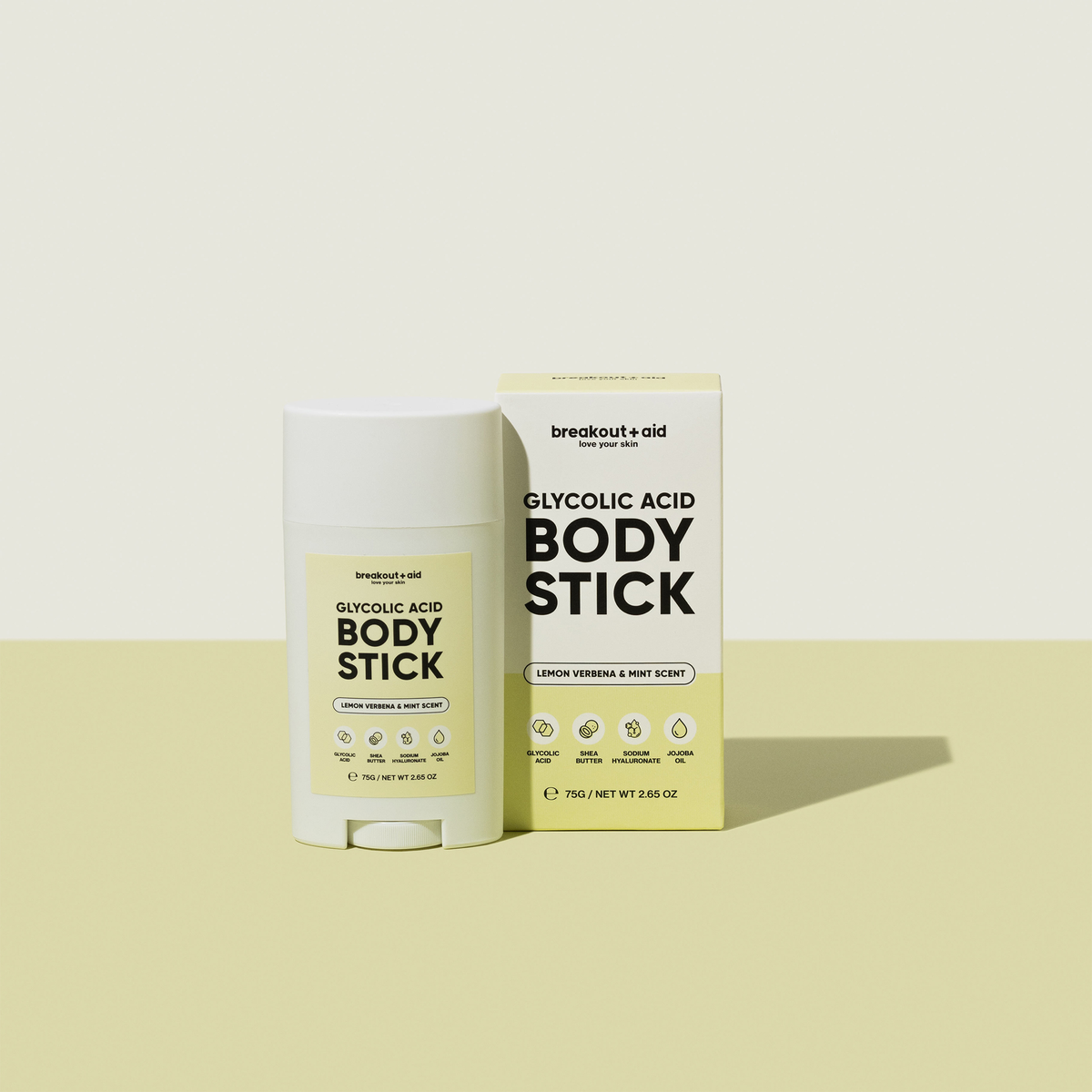 Breakout+aid Glykolsäure-Körperstift und die dazugehörige Verpackungsbox.