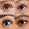 Vier Nahaufnahmen verschiedener Augen mit getuschten, definierten Wimpern, die die Wirkung einer Mascara auf unterschiedlichen Hauttönen zeigen.