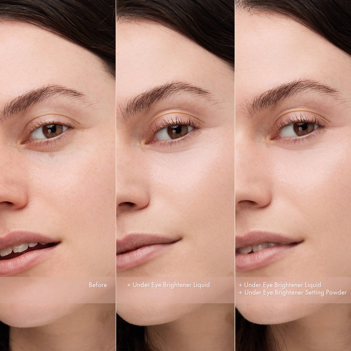 Das Gesicht einer Frau in drei Stadien: vor, nach dem Auftragen von Catrice Cosmetics Under Eye Brightener Liquid und nach dem Auftragen von Fixierpuder.