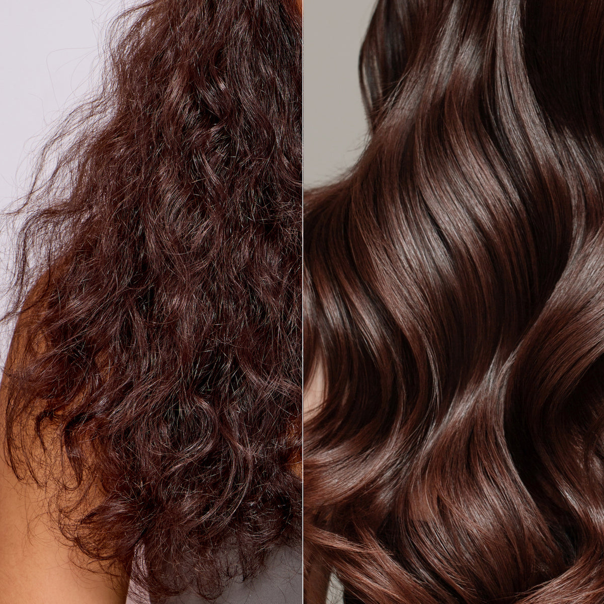 Vorher-nachher-Vergleich: Links krauses, trockenes Haar, rechts glattes, glänzendes Haar mit geschmeidiger Struktur nach der Anwendung eines Treatments.