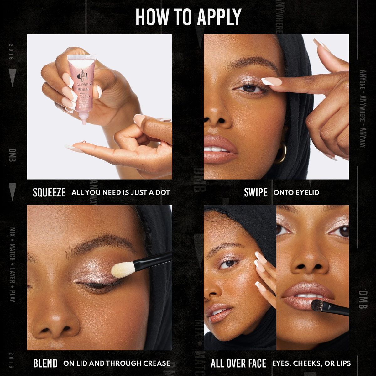 Anleitung zur Anwendung von Danessa Myricks Colorfix Liquid Metals: Produkt auftragen, auf dem Lid verblende - für Augen, Wangen oder Lippen nutzen.