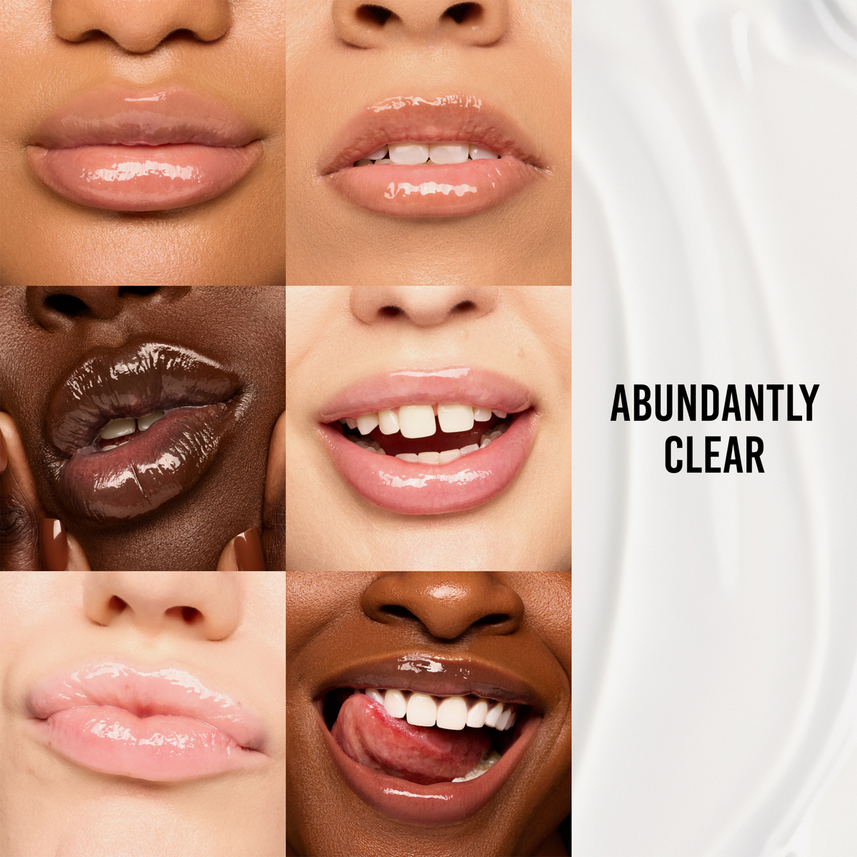 Ein Raster aus Lippen in „Glosswork 4D Ultra Shine Plumping Gloss“ von Danessa Myricks Beauty, mit der Aufschrift „ABUNDANTLY CLEAR“ auf weißem Hintergrund.
