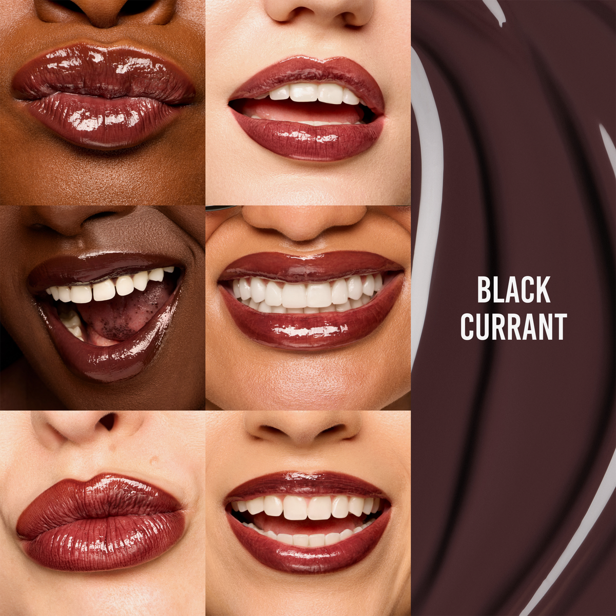 Sechs Nahaufnahmen von glänzenden, dunkelbeerfarbenen Lippen mit dem „Glosswork 4D Ultra Shine Plumping Gloss“ von Danessa Myricks Beauty in der Farbe „Black Currant“.