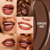 Sechs Nahaufnahmen verschiedener Lippen mit dem „Glosswork 4D Ultra Shine Plumping Gloss“ von Danessa Myricks Beauty in der Farbe „ESPRESSO NOIR“ vor braunem Hintergrund.