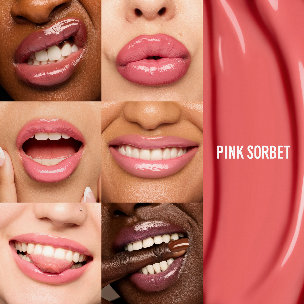 Nahaufnahmen verschiedener lächelnder Frauen, die den „Beauty Glosswork 4D Ultra Shine Plumping Gloss“ von Danessa Myricks in der Farbe „Pink Sorbet“ tragen, vor einem rosa Hintergrund.