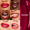 Sechs Nahaufnahmen von Lippen mit dem glänzenden roten „Glosswork 4D Ultra Shine Plumping Gloss“ von Danessa Myricks Beauty vor rotem Hintergrund.