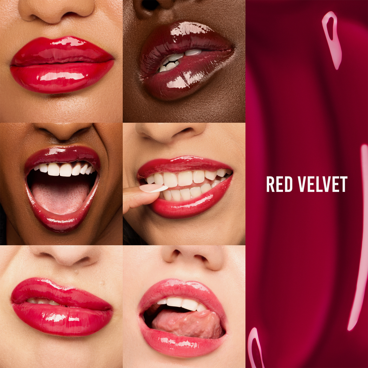 Sechs Nahaufnahmen von Lippen mit dem glänzenden roten „Glosswork 4D Ultra Shine Plumping Gloss“ von Danessa Myricks Beauty vor rotem Hintergrund.
