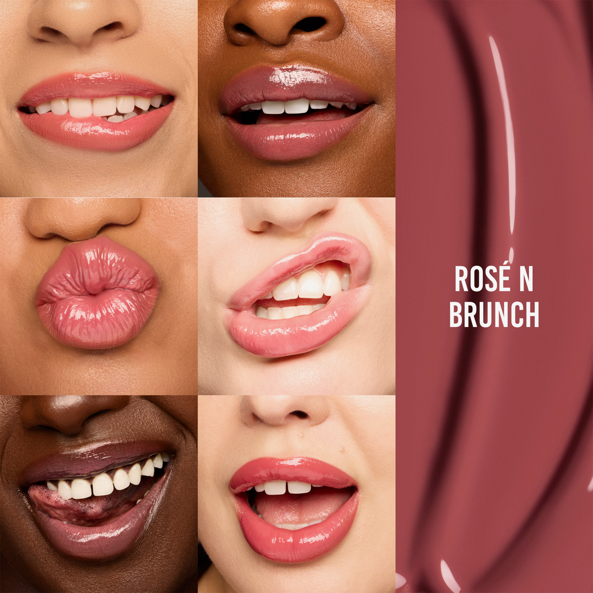 Eine Collage verschiedener Lippen, auf denen der „Glosswork 4D Ultra Shine Plumping Gloss“ von Danessa Myricks Beauty aufgetragen ist; rechts ein rosa Farbtupfer.