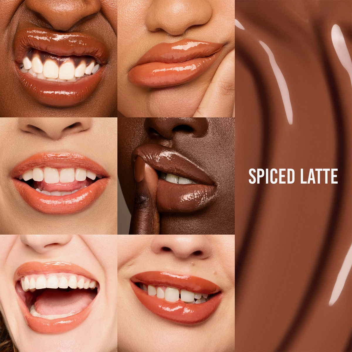 Sechs unterschiedlich geschminkte Lippen tragen den „Glosswork 4D Ultra Shine Plumping Gloss“ von Danessa Myricks Beauty in der Farbe „Spiced Latte“, abgebildet neben einem Farbmischmuster.