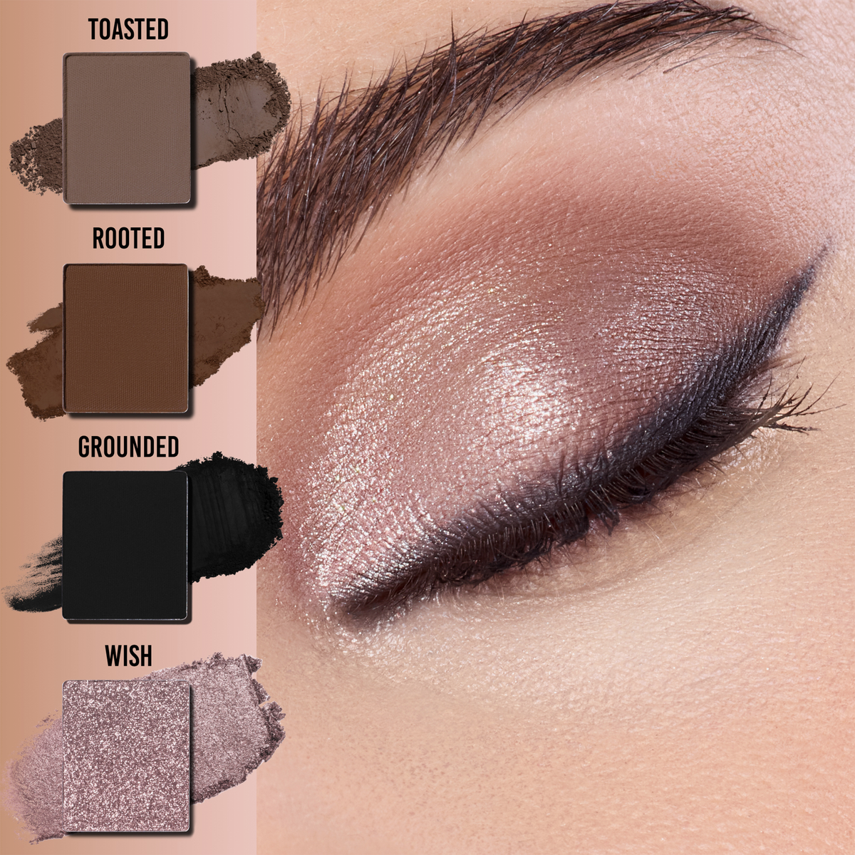 Nahaufnahme eines geschlossenen Auges mit einem schimmernden mauvefarbenen Lidschatten, Liner und vier Swatches - Toasted, Rooted, Grounded, Wish - aus der Danessa Myricks Beauty Lightwork Palette Freedom Palette Everyday Magic.