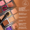 Eine geöffnete Lightwork Palette VIII Freedom Palette mit achtzehn Lidschatten-Fächern und drei Make-up-Pinseln, ergänzt durch einen Text, der ihre Eigenschaften beschreibt.
