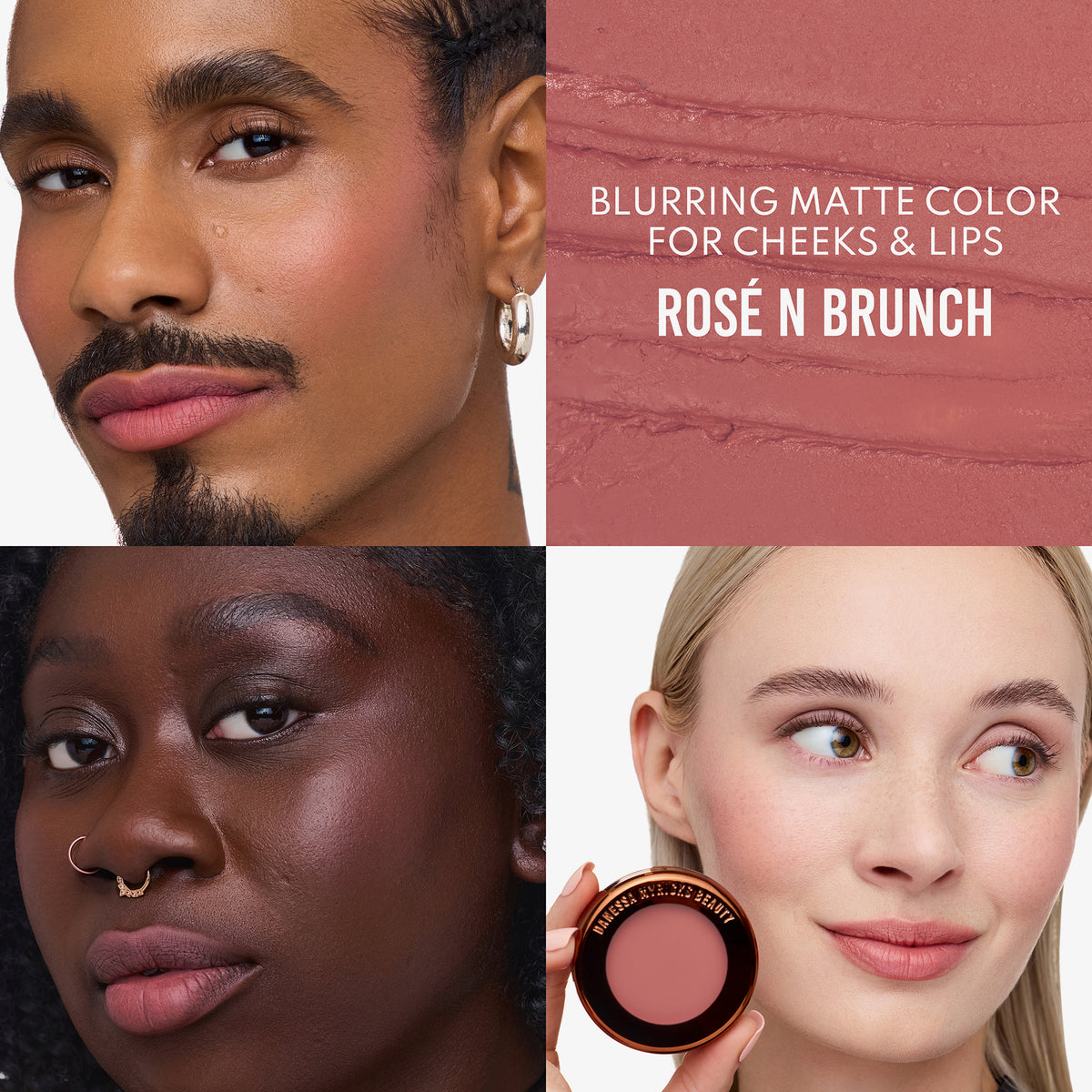 Drei Personen unterschiedlicher Hautfarbe tragen den rosébraunen Farbton "Rosé n Brunch" aus dem Yummy Skin Flushed Essentials Blush & Lip Kit von Danessa Myricks Beauty.