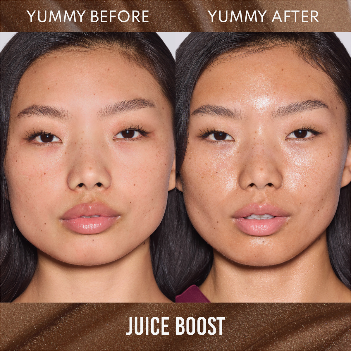 Nahaufnahme des Gesichts einer Frau vor und nach der Anwendung von Danessa Myricks Beauty Yummy Skin Glow Serum Juice Boost, die ihre deutlich strahlendere Haut hervorhebt.