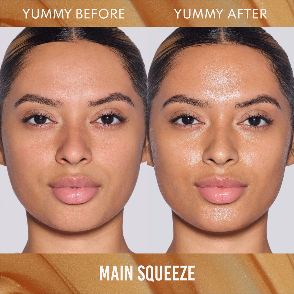 Das Gesicht einer Frau vor und nach der Anwendung von Danessa Myricks Beauty Yummy Skin Glow Serum Main Squeeze, das einen taufrischen, strahlenden Teint zeigt.