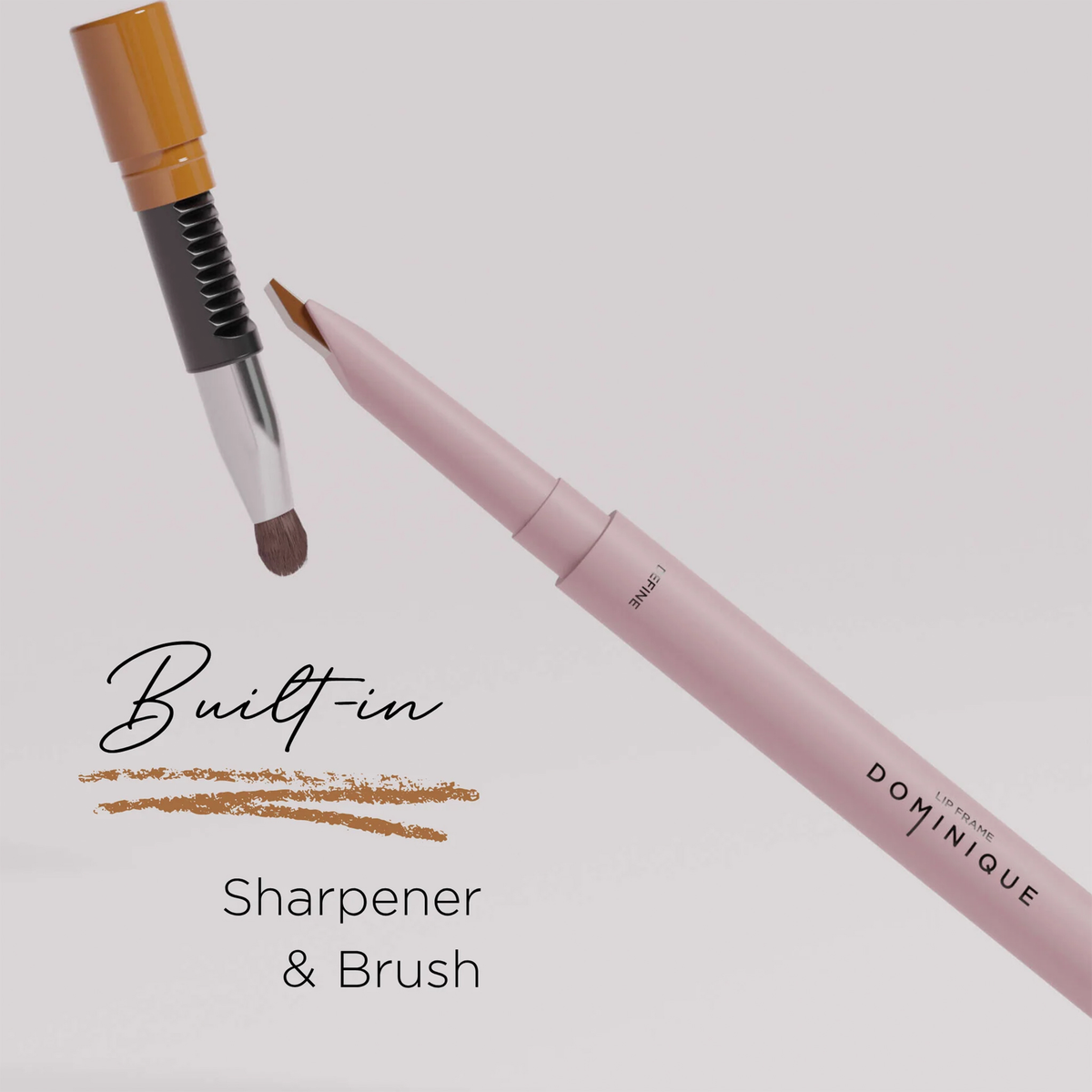 Der Dominique Cosmetics Lip Frame Pencil verfügt über einen eingebauten Anspitzer und einen Pinsel, der neben dem Produkt mit "Sharpener & Brush" gekennzeichnet ist.