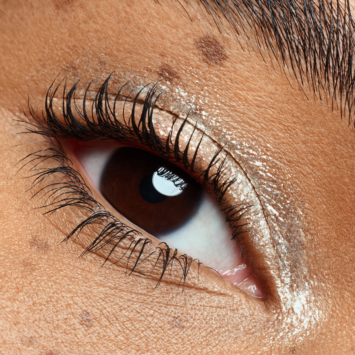 Nahaufnahme eines Auges mit langen, definierten Wimpern und schimmerndem Lidschatten auf dem Lid.