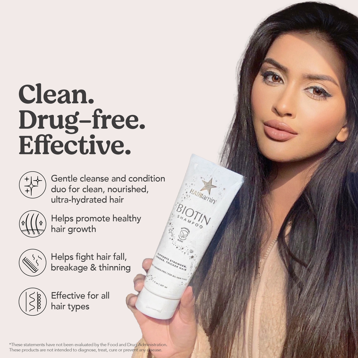 Model hält Hairtamin Biotin Shampoo vor hellem Hintergrund. Text links: ‚Clean. Drug-free. Effective.‘ sowie Icons mit Pflege-Hinweisen.