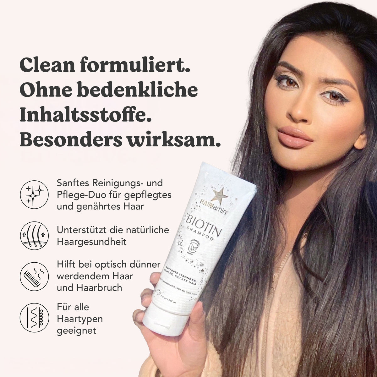 Frau mit langen dunklen Haaren hält Biotin-Shampoo in der Hand; daneben Text zu cleanen, wirksamen Inhaltsstoffen.