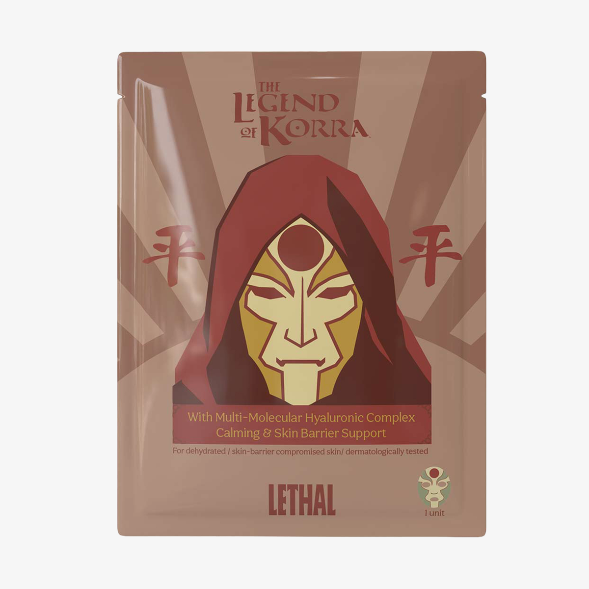 Die Gesichtsmaske „Lethal Cosmetics – Die Legende von Korra – Equalist“ zeigt eine maskierte Figur vor braunem Hintergrund.