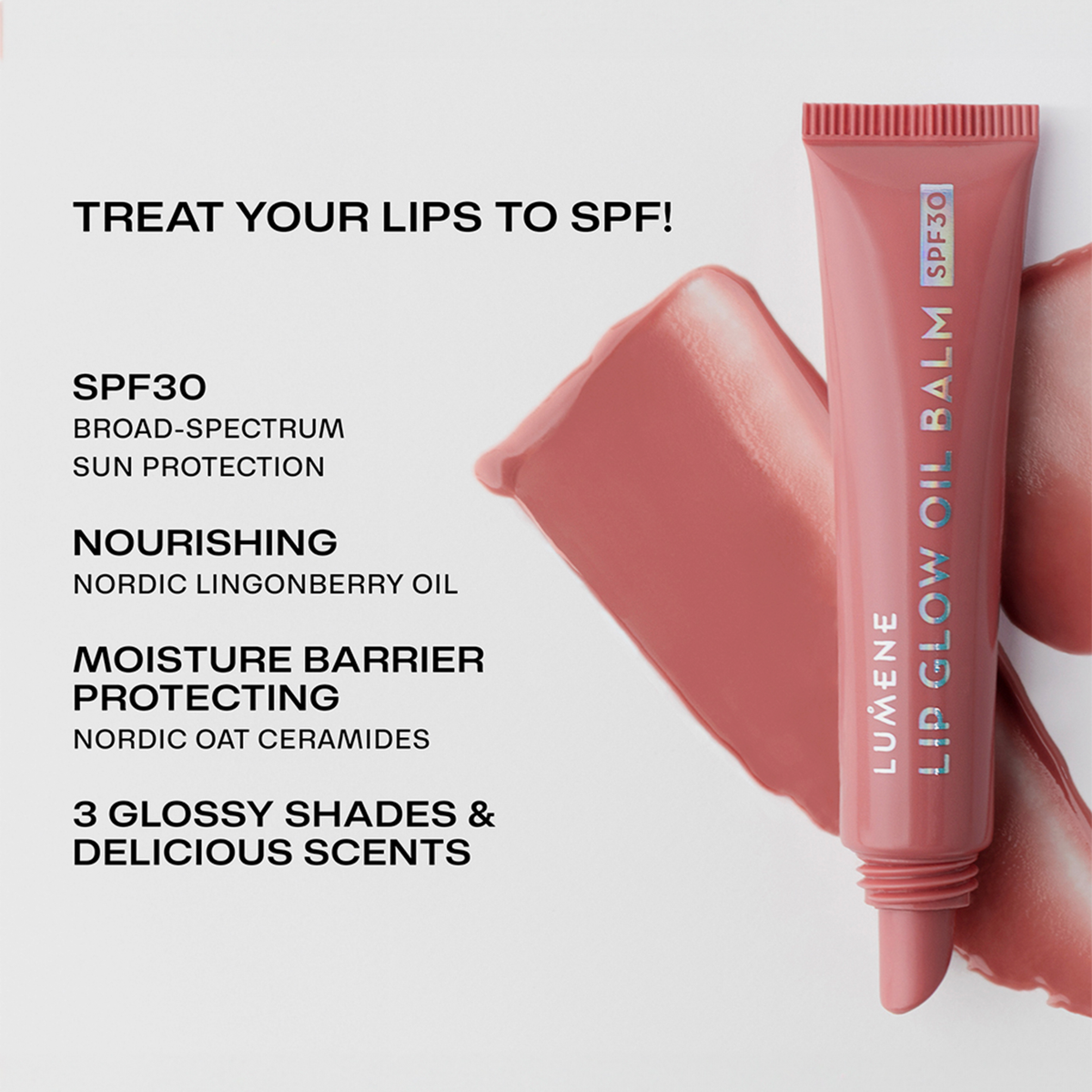 Lumene Lip Glow Oil Balm SPF30 in einer rosafarbenen Tube, daneben Vorteile in schwarzer Schrift auf weißem Hintergrund dargestellt sind.