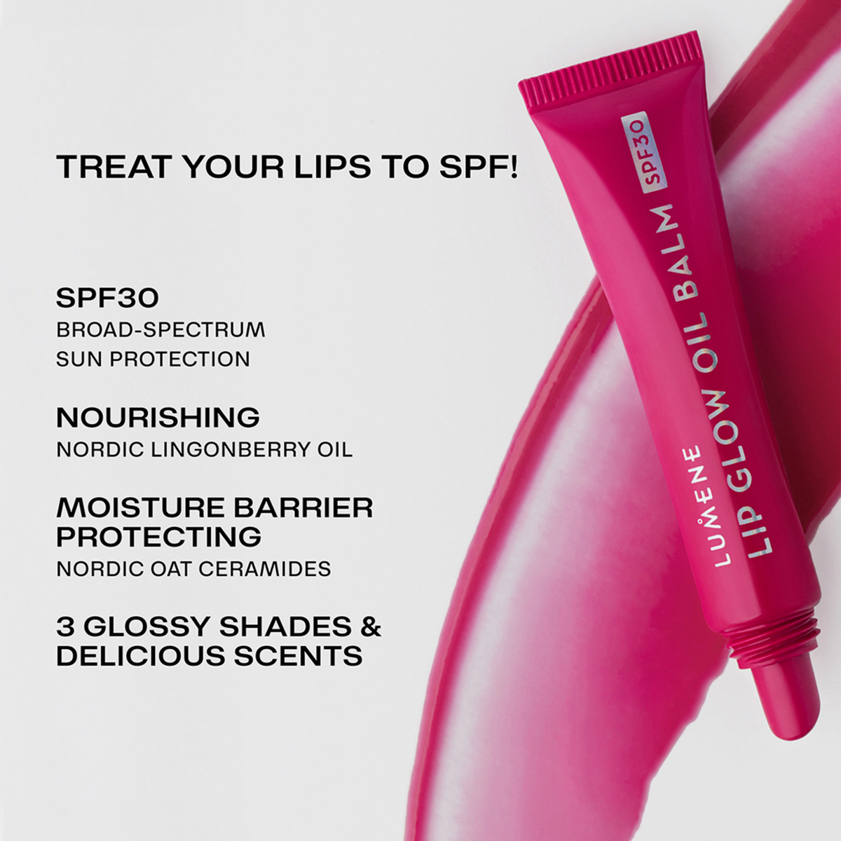 Eine dunkelpinke Tube Lumene Lip Glow Oil Balm SPF30 3 Cherry, neben Text der die Vorteile und Eigenschaften hervorhebt.