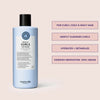 Blaue Flasche Coils & Curls Co-Wash mit schwarzem Deckel aus der Coils & Curls Beauty Bag 2025, neben Produktvorteilen auf blassrosa Hintergrund.