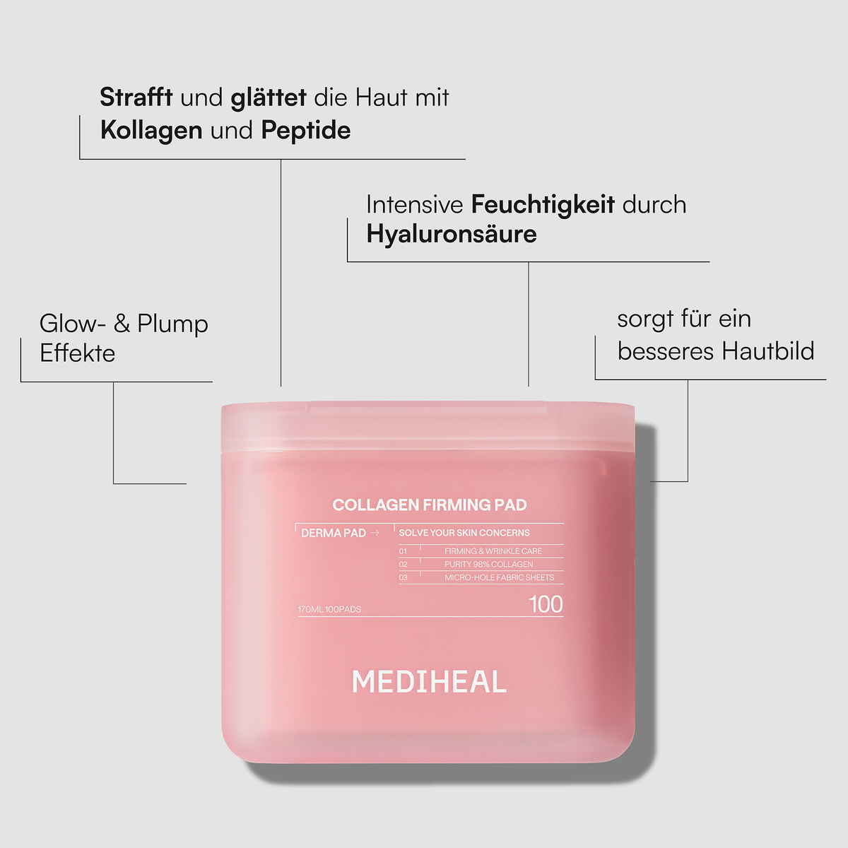 Verpackung der rosa „Mediheal Collagen Firming Pad“-Pads mit deutschem Text, der die Vorteile des Produkts für die Haut hervorhebt.