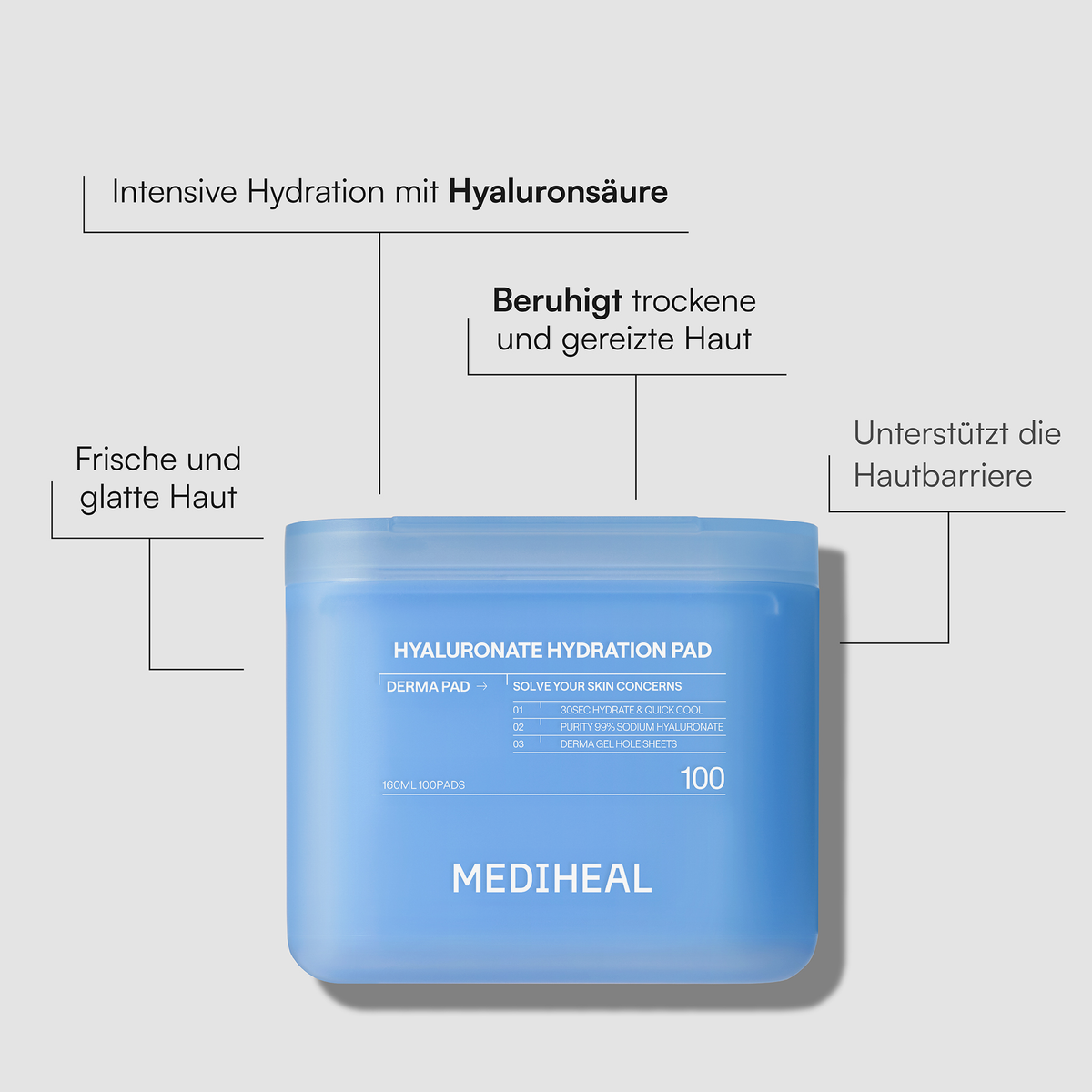 Verpackung der „Mediheal Hyaluronate Hydration Pad“ mit deutschem Text, der die feuchtigkeitsspendende und beruhigende Wirkung hervorhebt.