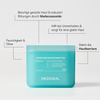 Um das Produkt herum befindet sich eine türkisfarbene Verpackung der „Mediheal Madecassoside Blemish Pads“ mit deutschen Texten, die die Vorteile des Produkts hervorheben.