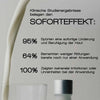 Neben einem Glas fließt ein Milchstrahl - daneben stehen Prozentangaben zu Hautpflegeergebnissen des MERME Milky Drops Face Moisturiser.