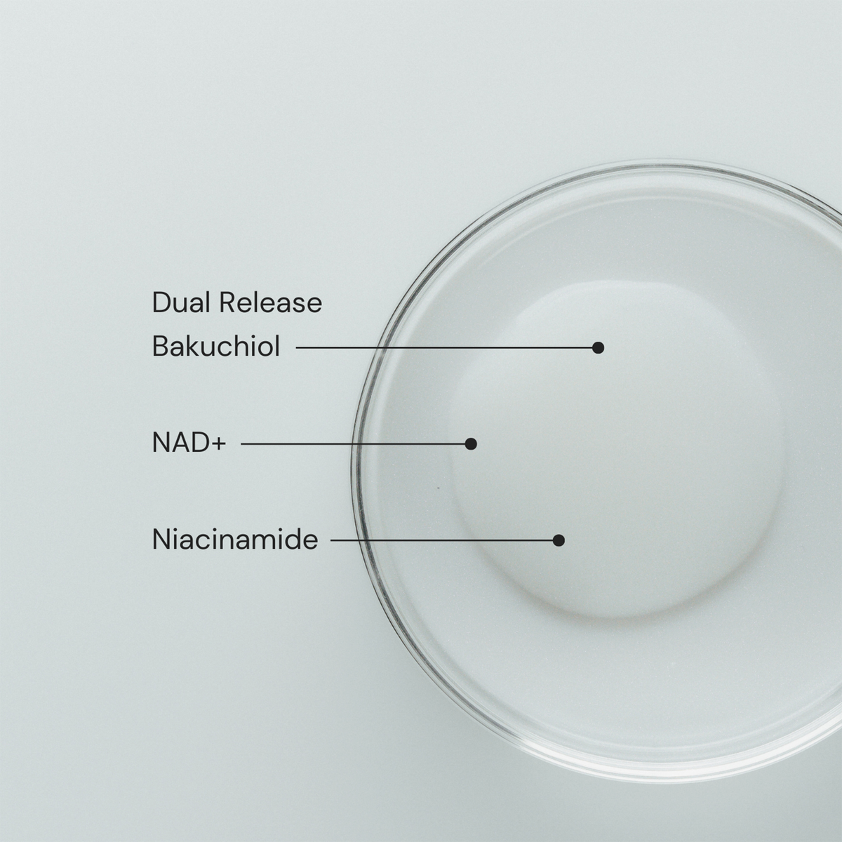 Eine durchsichtige Schale mit weißer Flüssigkeit mit der Aufschrift MERME Pore & Line Refine Face Serum with Dual Release Bakuchiol, NAD+, and Niacinamide.