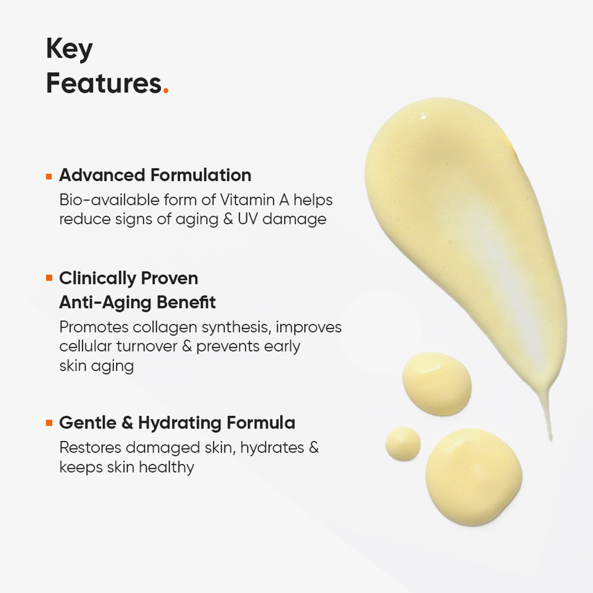 Gelbe Crememuster der Granactive Retinoid 02% Face Cream von Minimalist, , neben Text, der die Anti-Aging-Wirkung, die feuchtigkeitsspendende Wirkung und die fortschrittliche Vitamin-A-Hautpflegeformel hervorhebt.