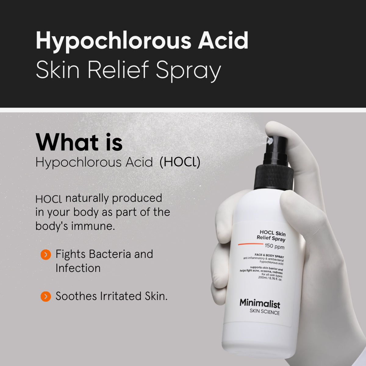 Eine behandschuhte Hand hält eine Flasche des Minimalist HOCl Skin Purifying Spray 150ppm vor einem grauen Hintergrund mit Text.