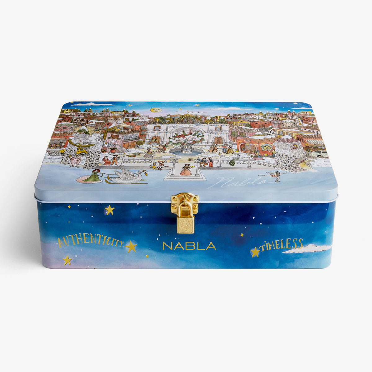 Der NABLA Adventskalender 2025 von NABLA Cosmetics kommt in einer farbenfrohen Metalldose mit einer Stadtillustration, einem goldenen Verschluss und den Sprüchen "Authenticity" und "Timeless".