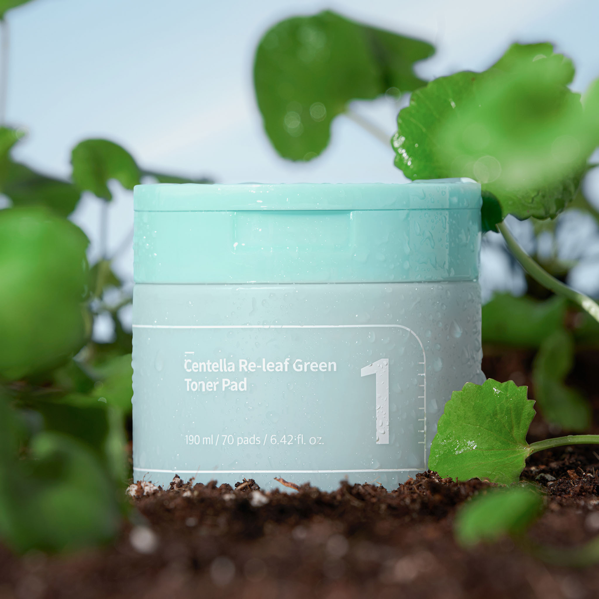 Ein Tiegel numbuzin No.1 Centella Re-Leaf Green Toner Pad ruht auf dem Boden, umgeben von üppigen grünen Blättern und Pflanzen.