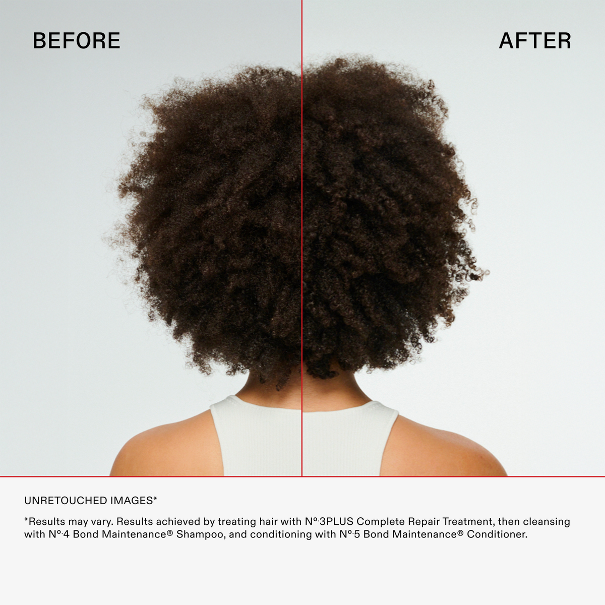 Vorher-Nachher Vergleich von lockigem Haar: definiertere, gepflegtere Struktur nach Anwendung der Olaplex Routine.