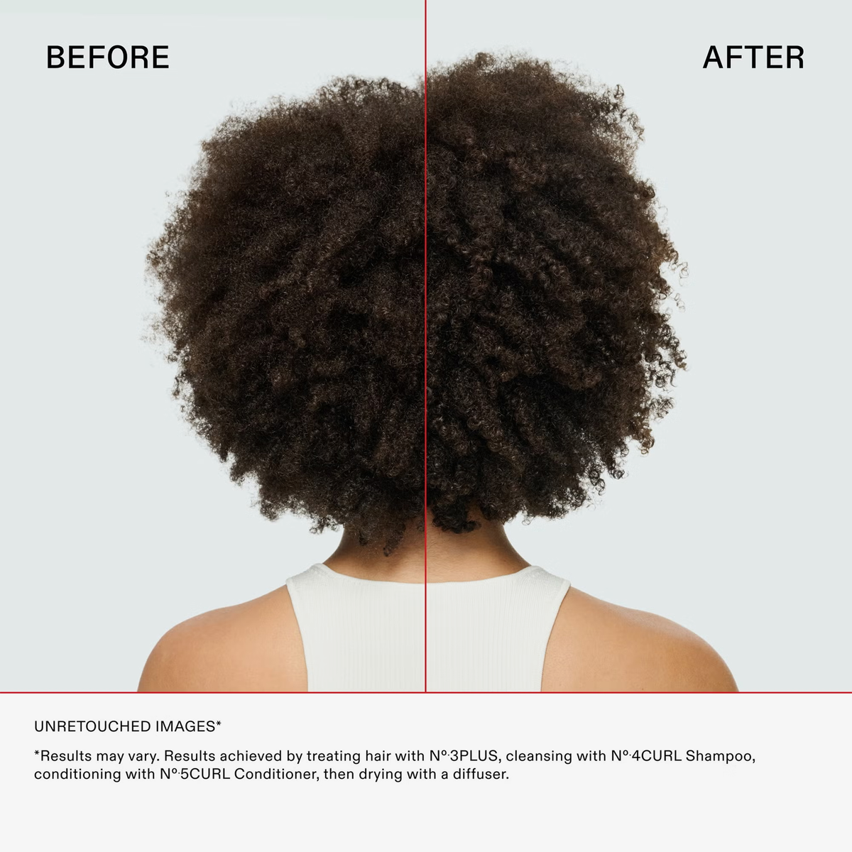 Rückansicht von lockigem Haar vor und nach der Anwendung des OLAPLEX N°4 CURLBond Shaper Hydrating Curl Shampoos.