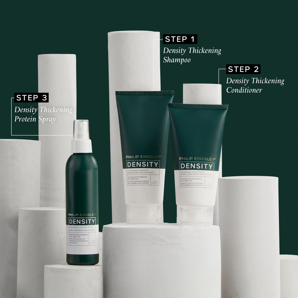 Drei Produkte der Serie „Density“ von Philip Kingsley – Shampoo, Spülung und „Thickening Protein Spray“ –, die auf den weißen Flaschen mit den Nummern 1, 2 und 3 gekennzeichnet sind.