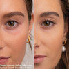 Nahaufnahme des Gesichts einer Frau vor und nach vierwöchiger Anwendung des SWEED-Wimpernwachstumsserums, wobei auf der rechten Seite vollere Wimpern zu sehen sind.