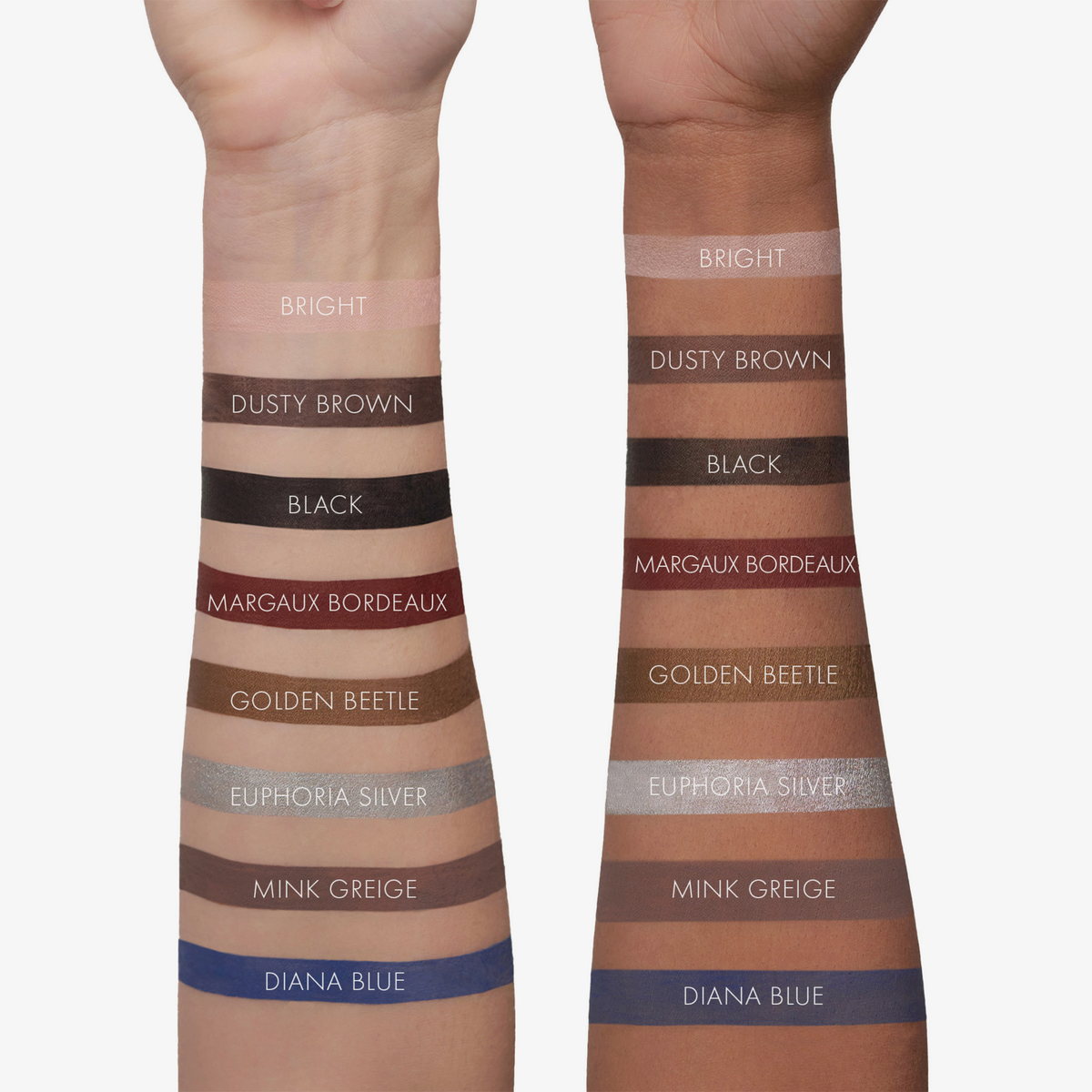 Auf zwei Armen mit unterschiedlichen Hauttönen sind ordentliche Reihen von Farbmuster des SWEED Satin Eyeliners zu sehen, die von oben nach unten beschriftet sind.