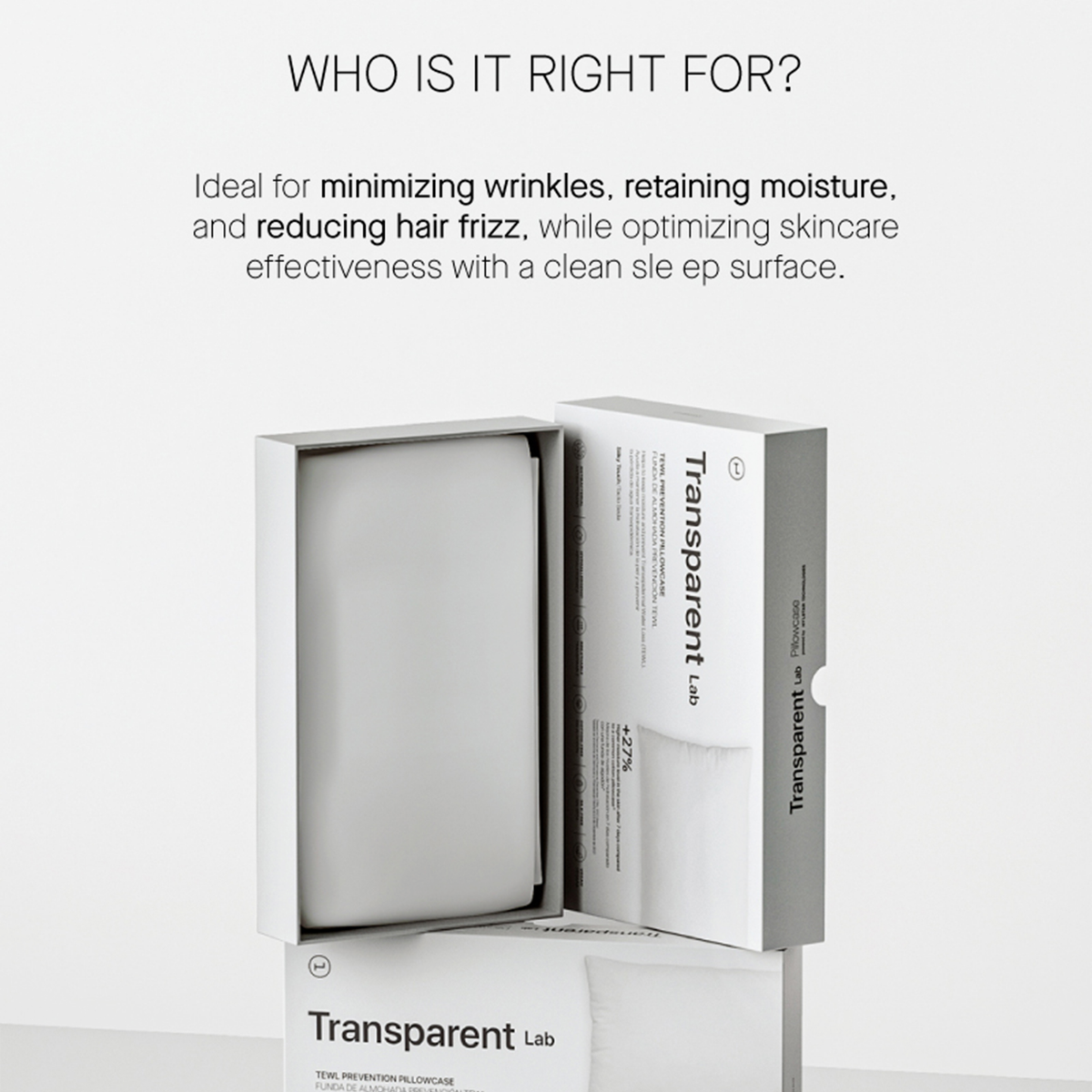 Weiße Transparent Lab Verpackung mit Kopfkissenbezug, minimalistisch auf hellem Hintergrund, welche Vorteile hervorhebt.