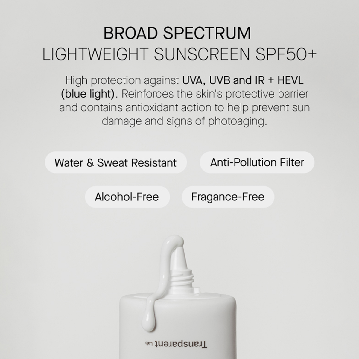 Transparent Lab Leichte Sonnencreme LSF 50+ mit Pumpe, UV-Schutz, wasserfest, alkoholfrei und parfümfrei.