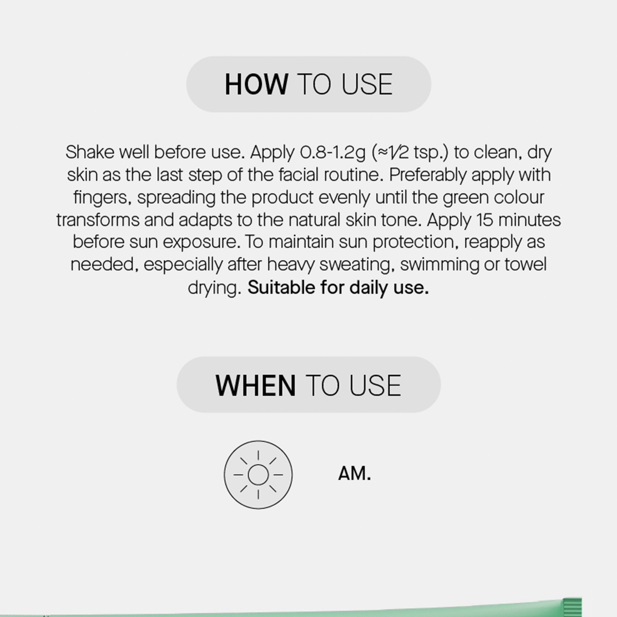 Anleitungsgrafik mit den Anwendungsschritten für den morgendlichen Gebrauch und weiteren Details zur „Transparent Lab Mineral Redness Control CC Cream“.