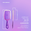 Vorder- und Seitenansicht einer violetten, im Ombré-Look gestalteten, belüfteten Haarbürste aus der Unbrush Ombre Duo Set Collection mit Größenangaben, die auf ihre kompakte Reisegröße hinweisen.