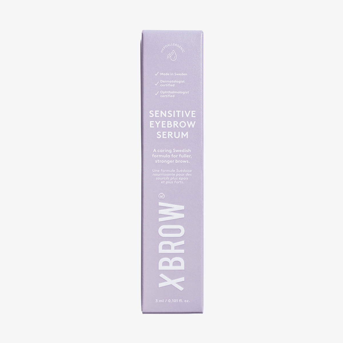 Lavendelfarbene Schachtel mit der Aufschrift „XLASH Xbrow Sensitive Eyebrow Serum“, 3 ml, mit weißen Produktangaben.