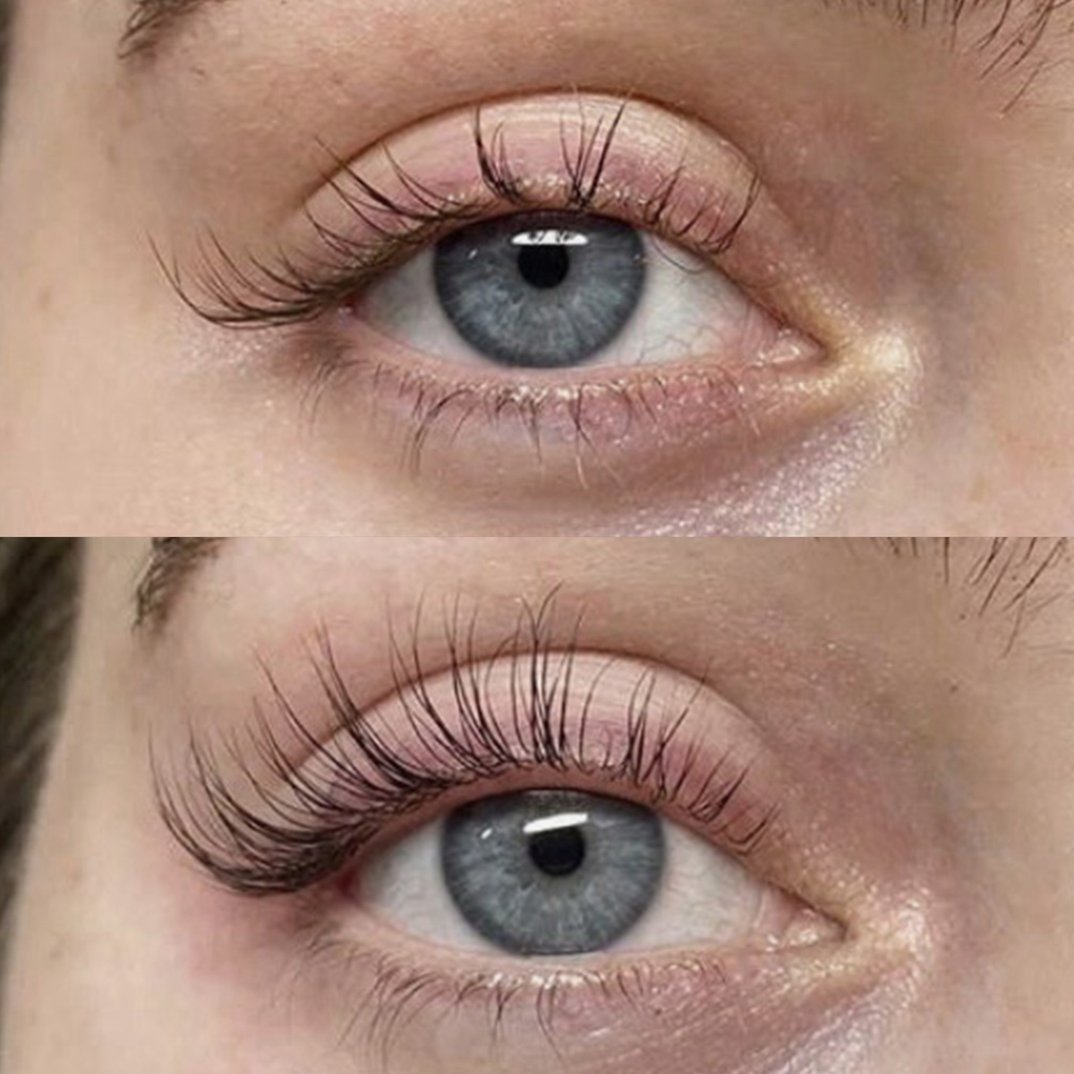 Nahaufnahme eines blauen Auges vor und nach der Anwendung des XLASH Xlash Wimpernserenums 1 ml, die längere, geschwungene Wimpern zeigt.