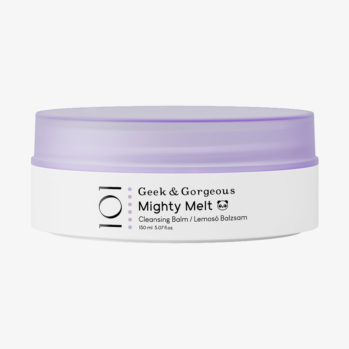 Ein rundes, weißes Glas mit einem violetten Deckel und der Aufschrift „Geek & Gorgeous Mighty Melt 150 ml“.